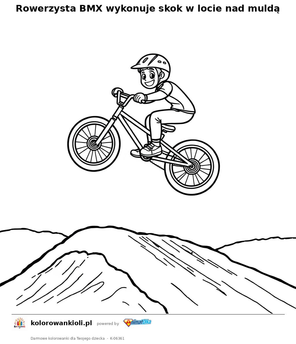 Rowerzysta BMX wykonuje skok w locie nad muldą — kolorowanka do wydruku dla dzieci