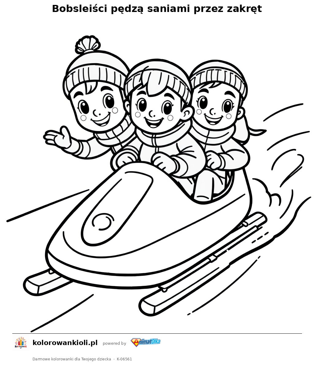 Bobsleiści pędzą saniami przez zakręt — kolorowanka do wydruku dla dzieci