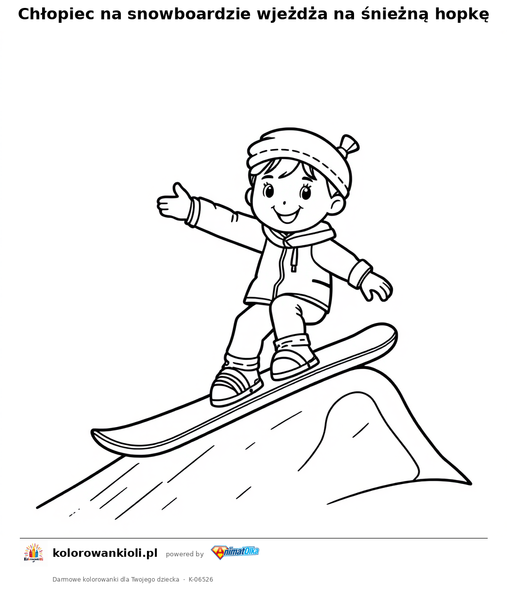 Chłopiec na snowboardzie wjeżdża na śnieżną hopkę — kolorowanka do wydruku dla dzieci