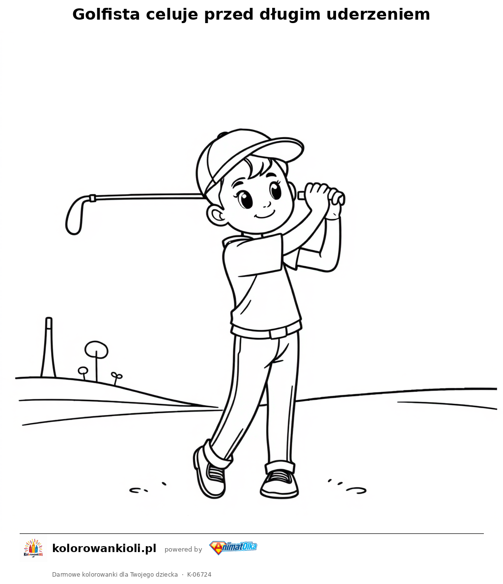 Golfista celuje przed długim uderzeniem — kolorowanka do wydruku dla dzieci