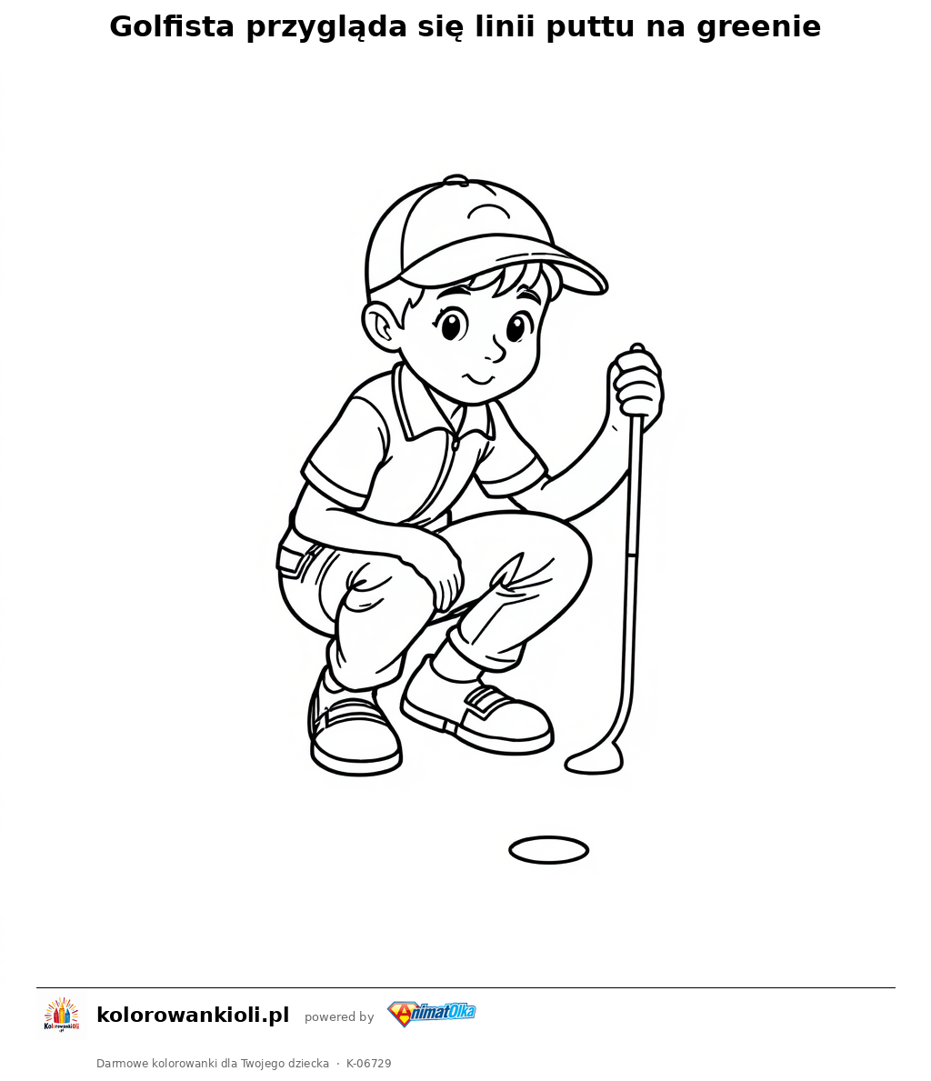 Golfista przygląda się linii puttu na greenie — kolorowanka do wydruku dla dzieci