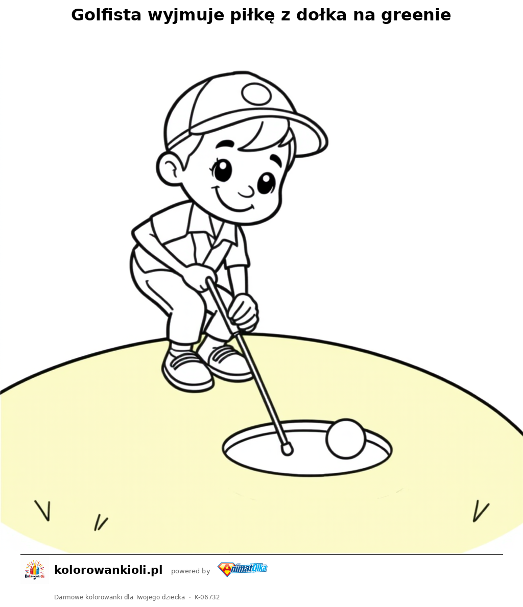 Golfista wyjmuje piłkę z dołka na greenie — kolorowanka do wydruku dla dzieci