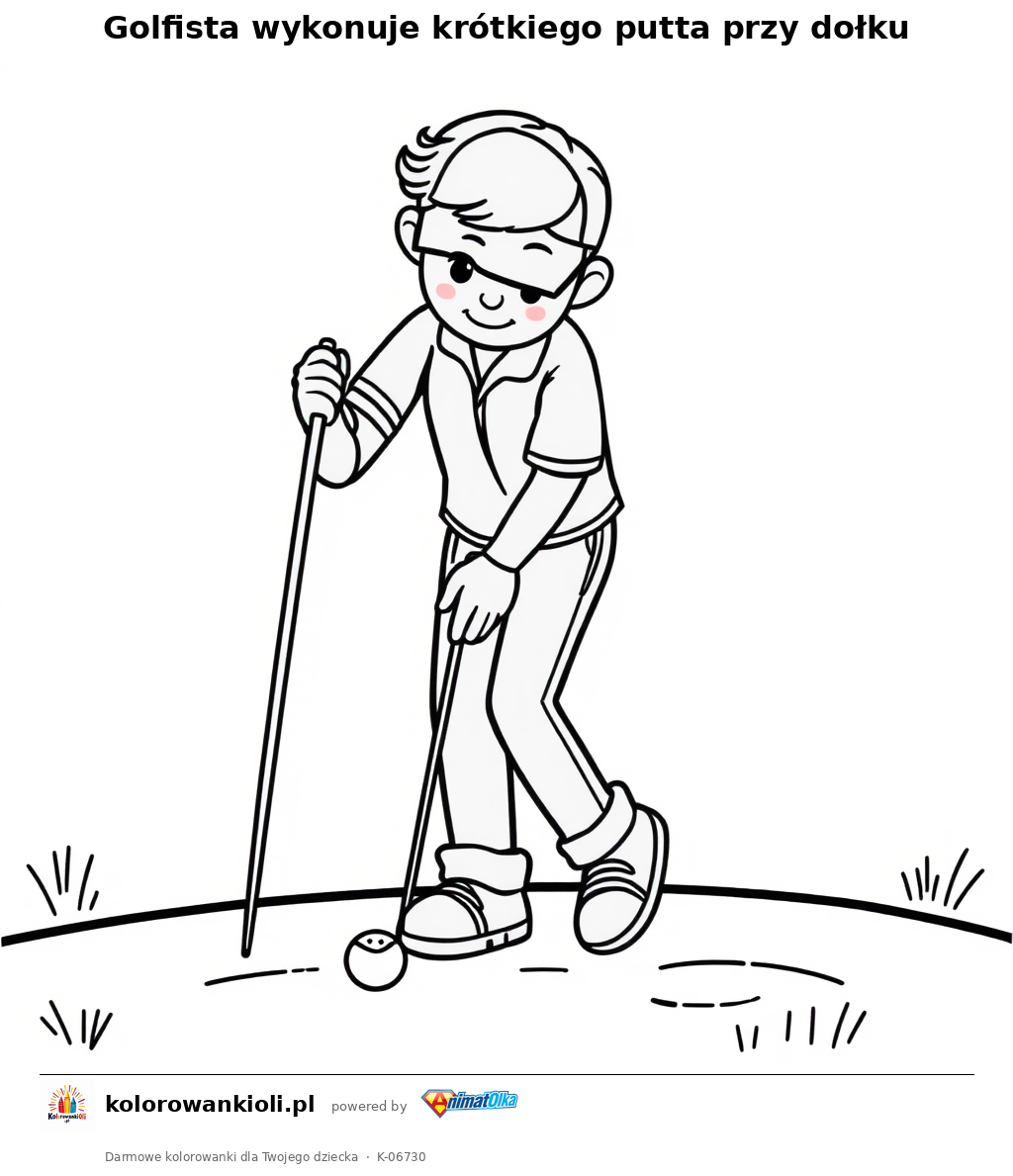 Golfista wykonuje krótkiego putta przy dołku — kolorowanka do wydruku dla dzieci