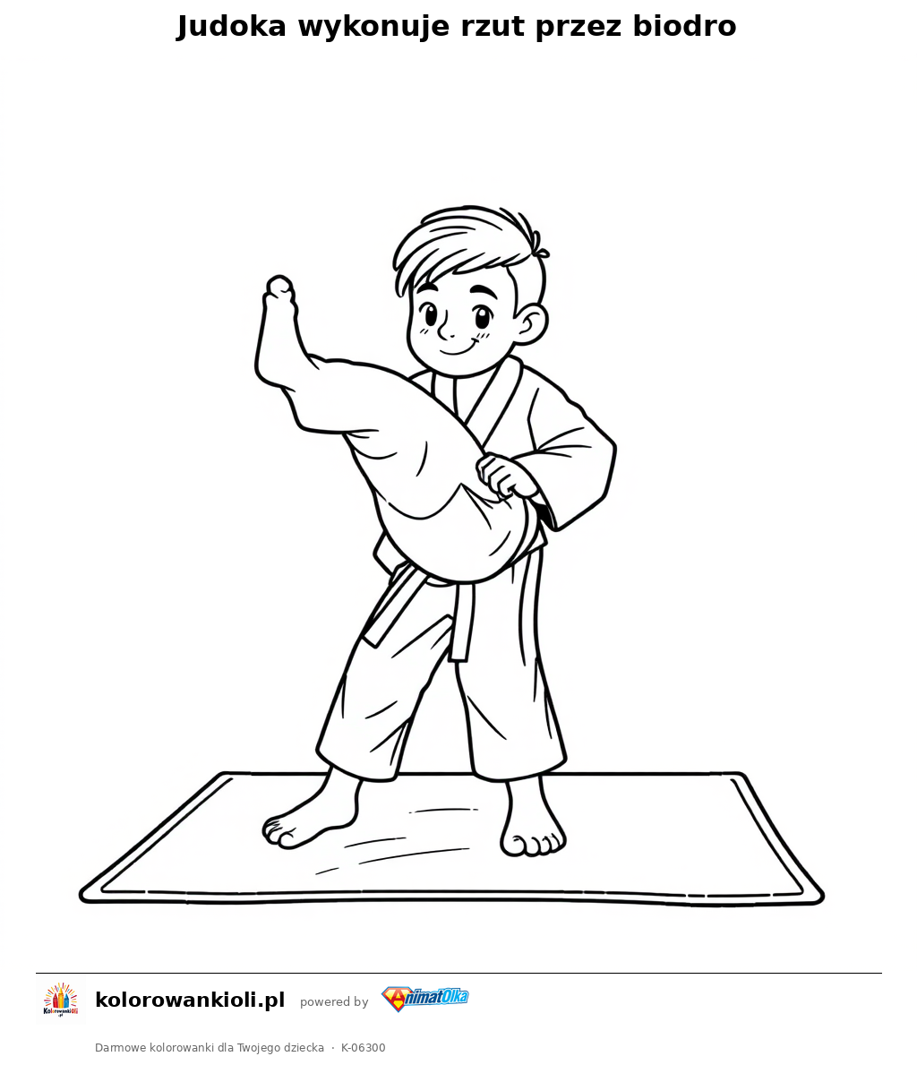 Judoka wykonuje rzut przez biodro — kolorowanka do wydruku dla dzieci