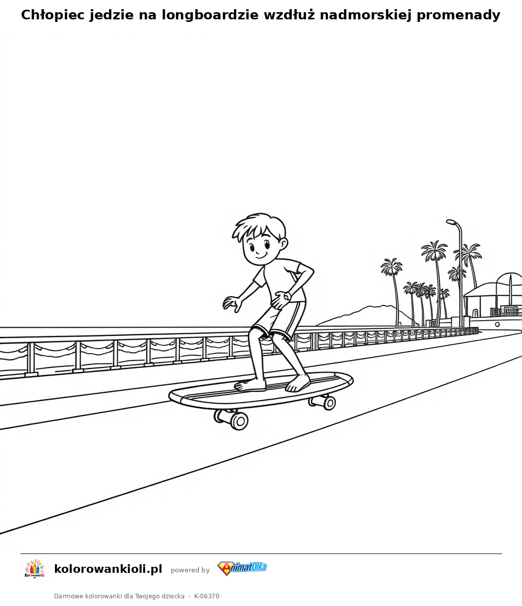 Chłopiec jedzie na longboardzie wzdłuż nadmorskiej promenady — kolorowanka do wydruku dla dzieci