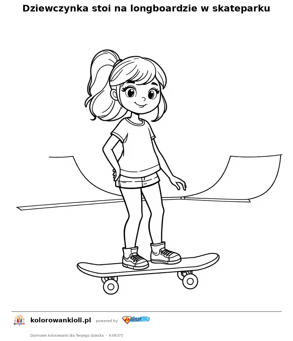 Dziewczynka stoi na longboardzie w skateparku — kolorowanka do wydruku dla dzieci