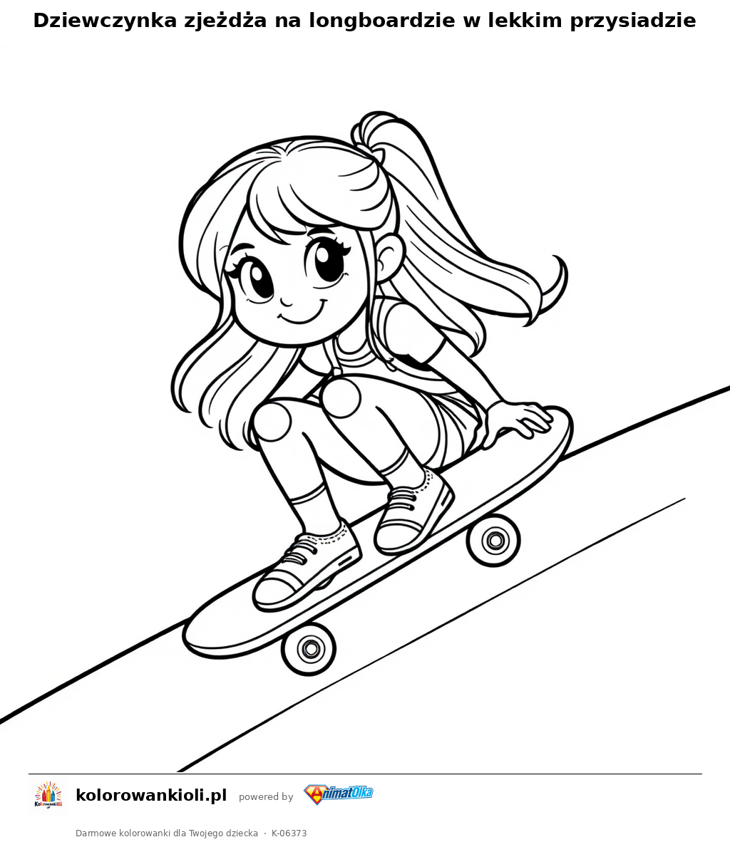 Dziewczynka zjeżdża na longboardzie w lekkim przysiadzie — kolorowanka do wydruku dla dzieci