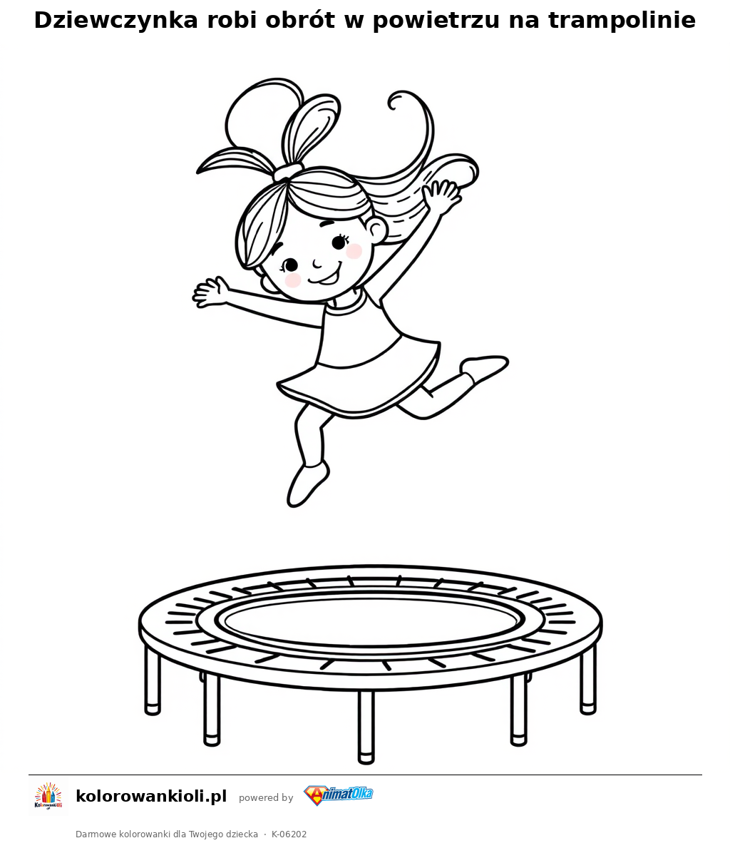 Dziewczynka robi obrót w powietrzu na trampolinie — kolorowanka do wydruku dla dzieci