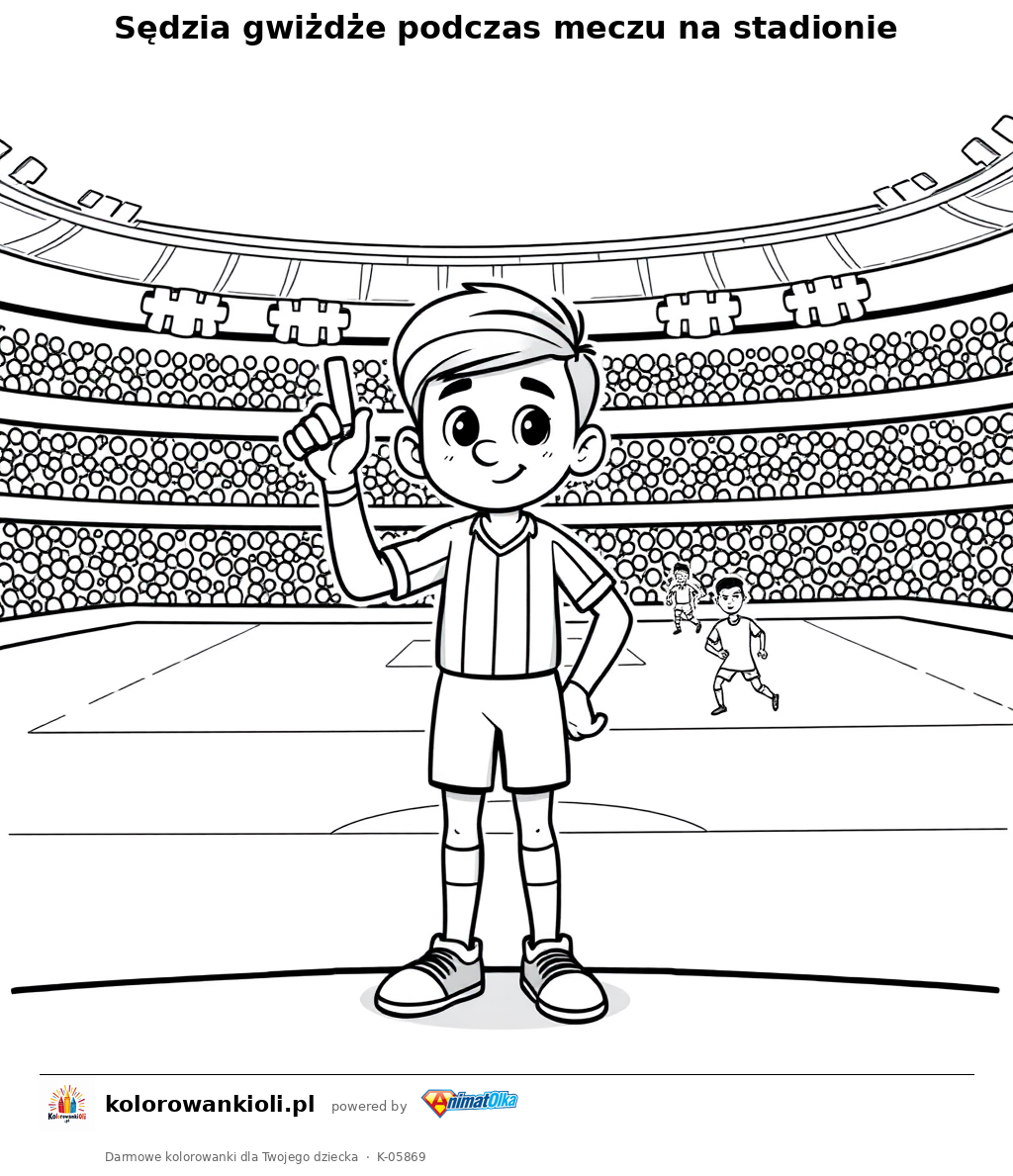 Sędzia gwiżdże podczas meczu na stadionie — kolorowanka do wydruku dla dzieci
