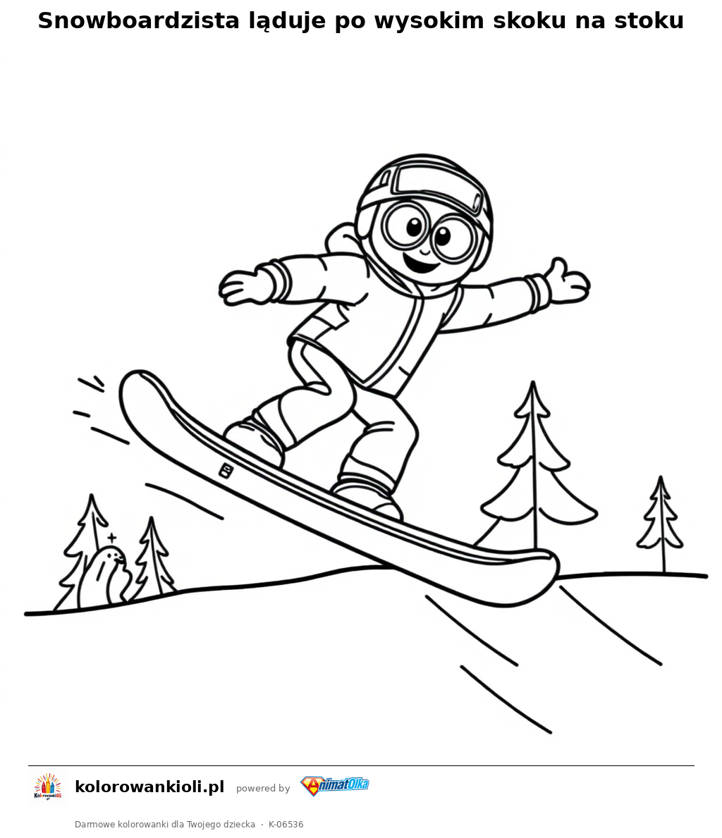 Snowboardzista ląduje po wysokim skoku na stoku — kolorowanka do wydruku dla dzieci
