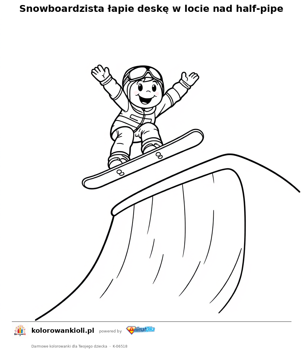 Snowboardzista łapie deskę w locie nad half-pipe — kolorowanka do wydruku dla dzieci