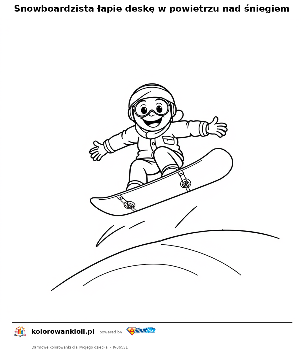 Snowboardzista łapie deskę w powietrzu nad śniegiem — kolorowanka do wydruku dla dzieci