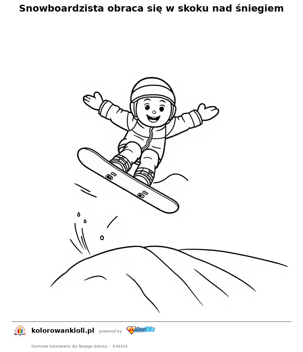 Snowboardzista obraca się w skoku nad śniegiem — kolorowanka do wydruku dla dzieci