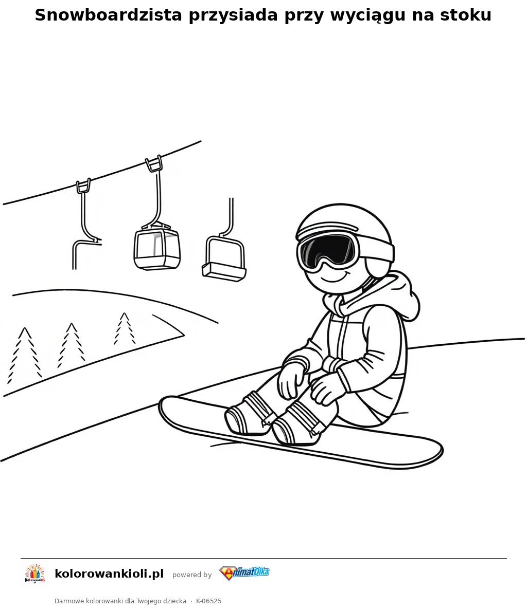 Snowboardzista przysiada przy wyciągu na stoku — kolorowanka do wydruku dla dzieci