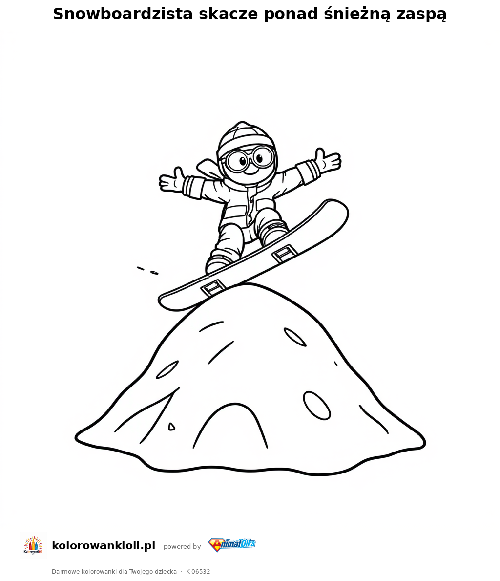 Snowboardzista skacze ponad śnieżną zaspą — kolorowanka do wydruku dla dzieci