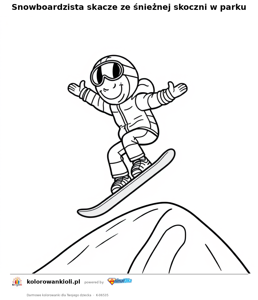 Snowboardzista skacze ze śnieżnej skoczni w parku — kolorowanka do wydruku dla dzieci
