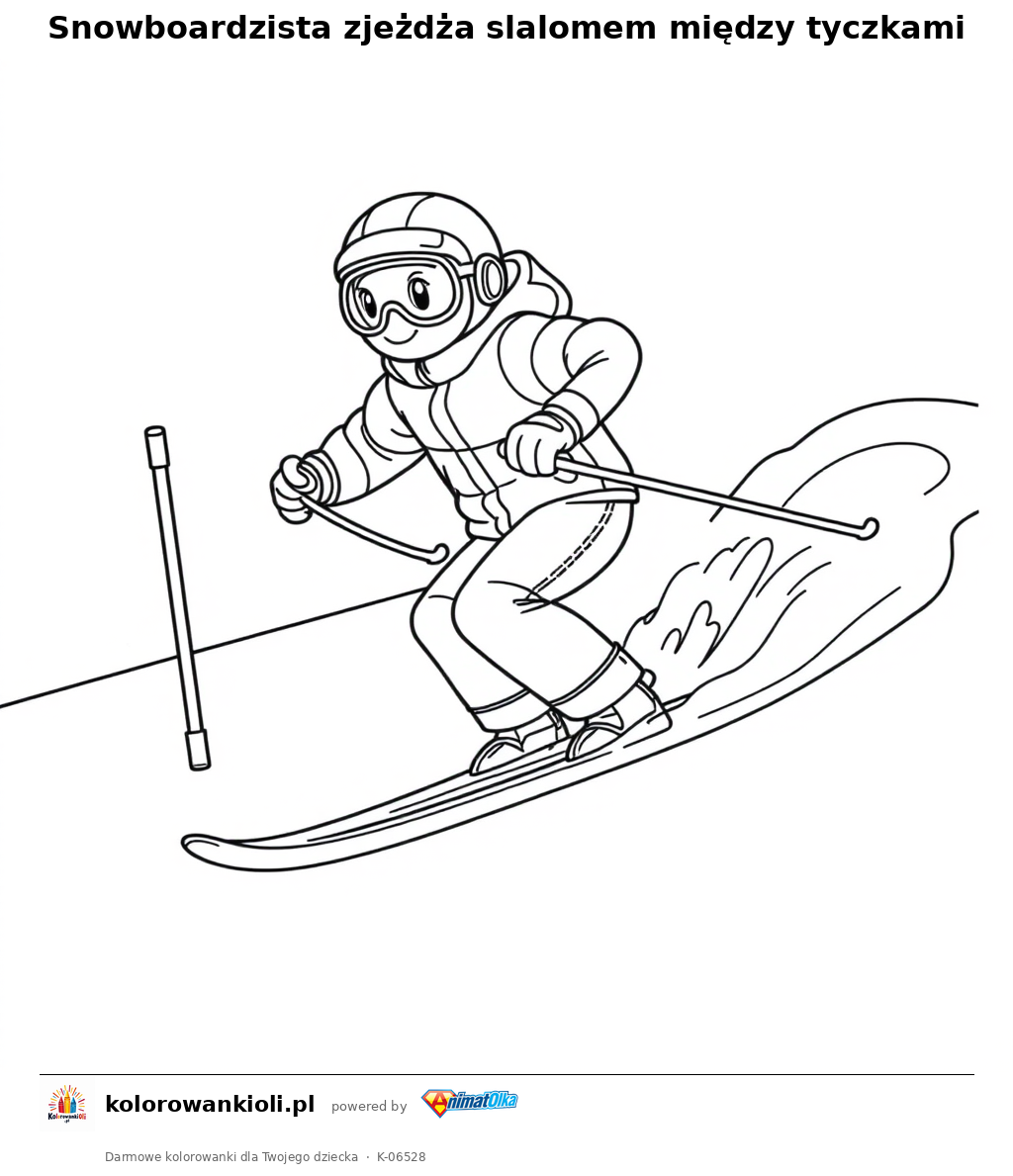 Snowboardzista zjeżdża slalomem między tyczkami — kolorowanka do wydruku dla dzieci