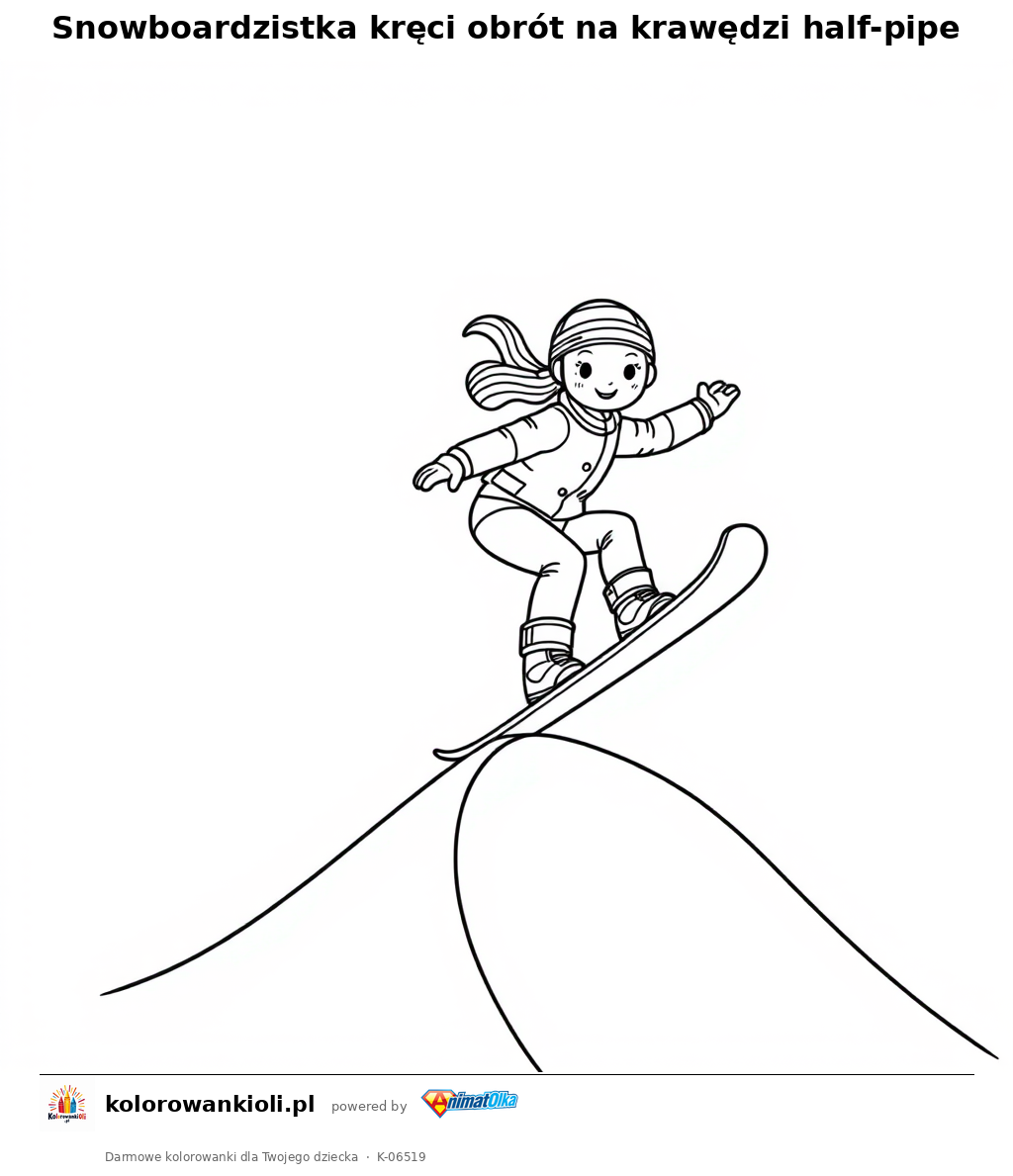 Snowboardzistka kręci obrót na krawędzi half-pipe — kolorowanka do wydruku dla dzieci