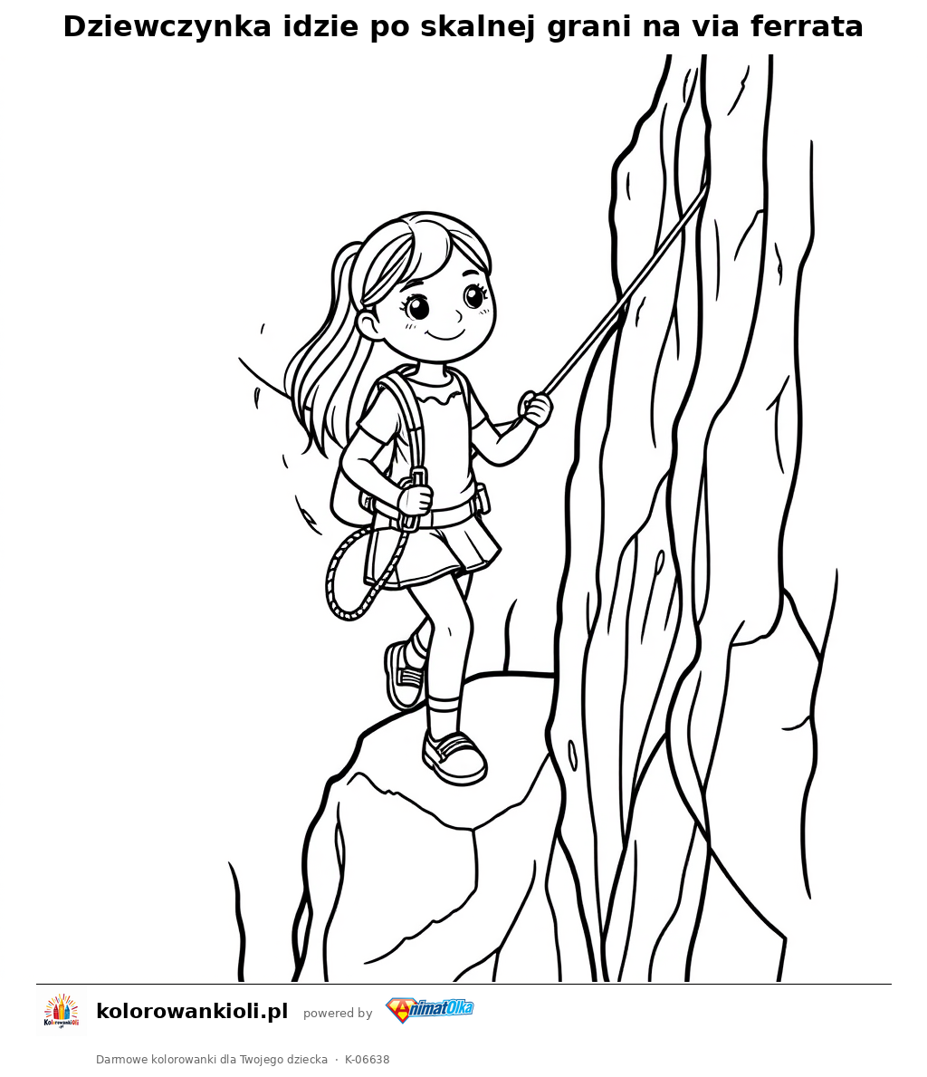 Dziewczynka idzie po skalnej grani na via ferrata — kolorowanka do wydruku dla dzieci