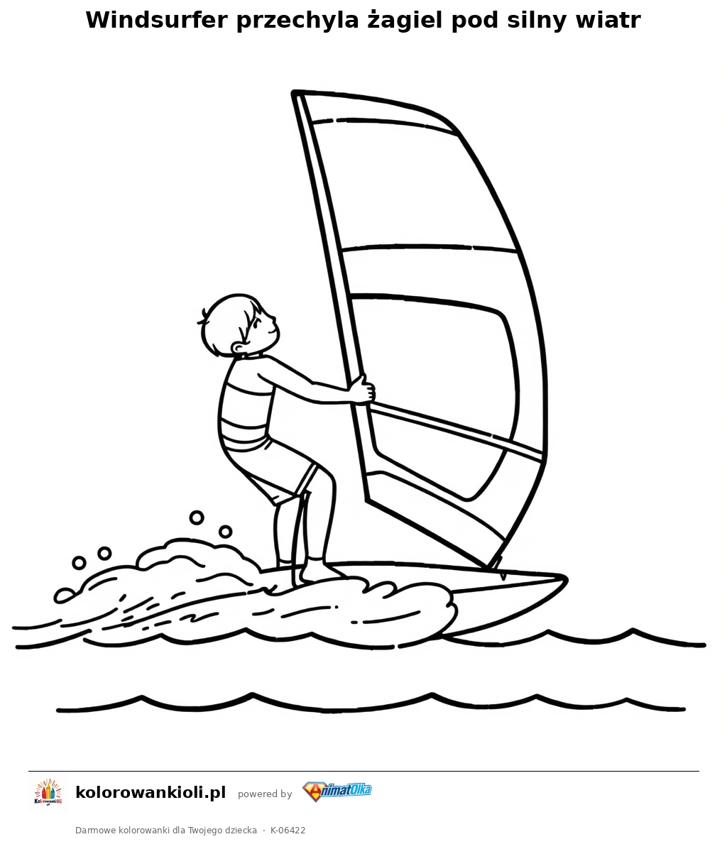 Windsurfer przechyla żagiel pod silny wiatr — kolorowanka do wydruku dla dzieci
