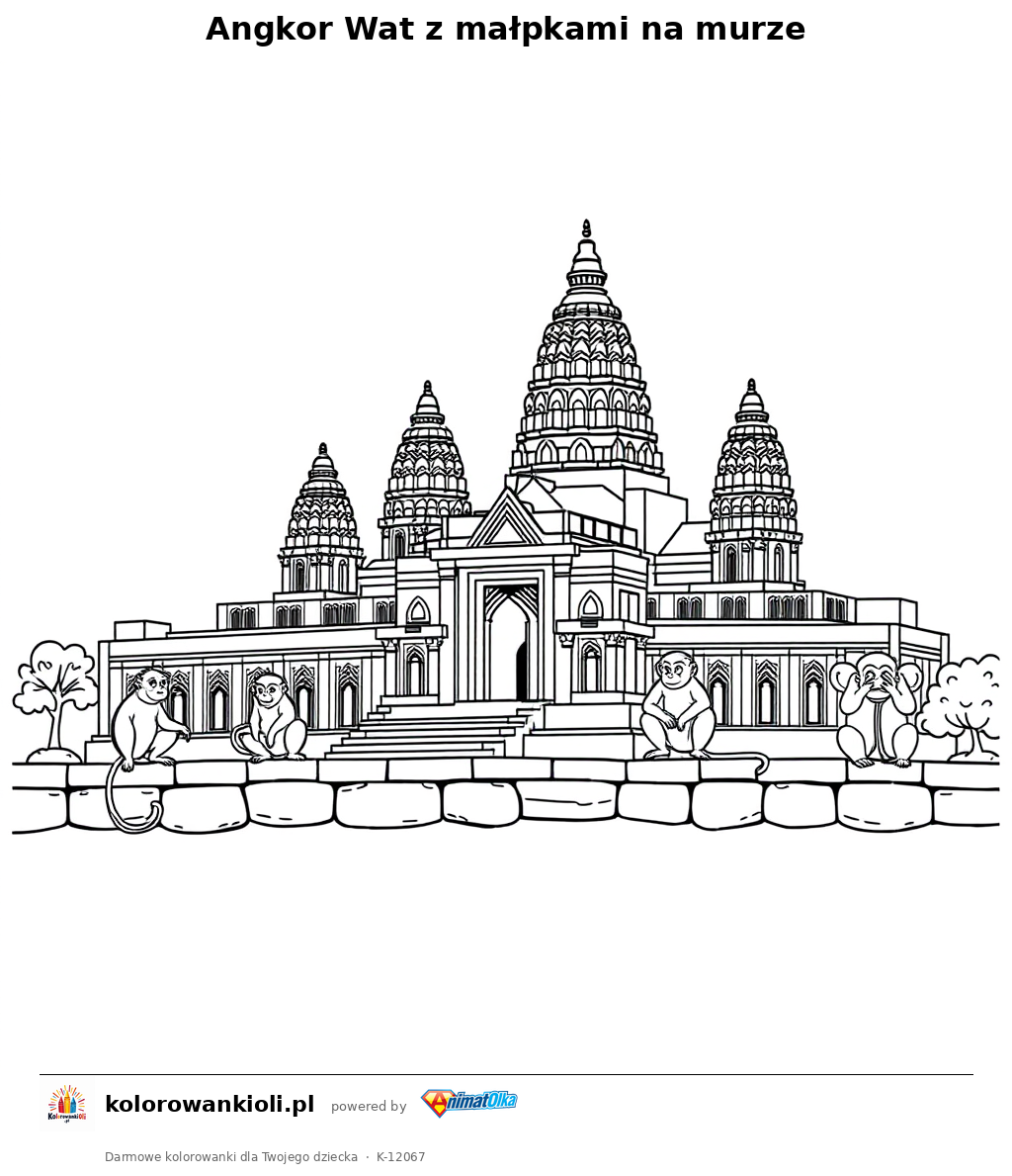 Angkor Wat z małpkami na murze — kolorowanka do wydruku dla dzieci