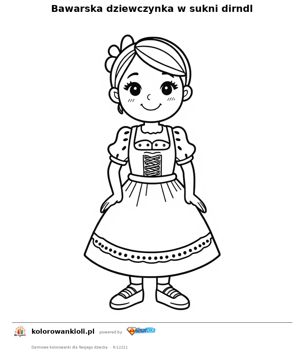 Bawarska dziewczynka w sukni dirndl — kolorowanka do wydruku dla dzieci