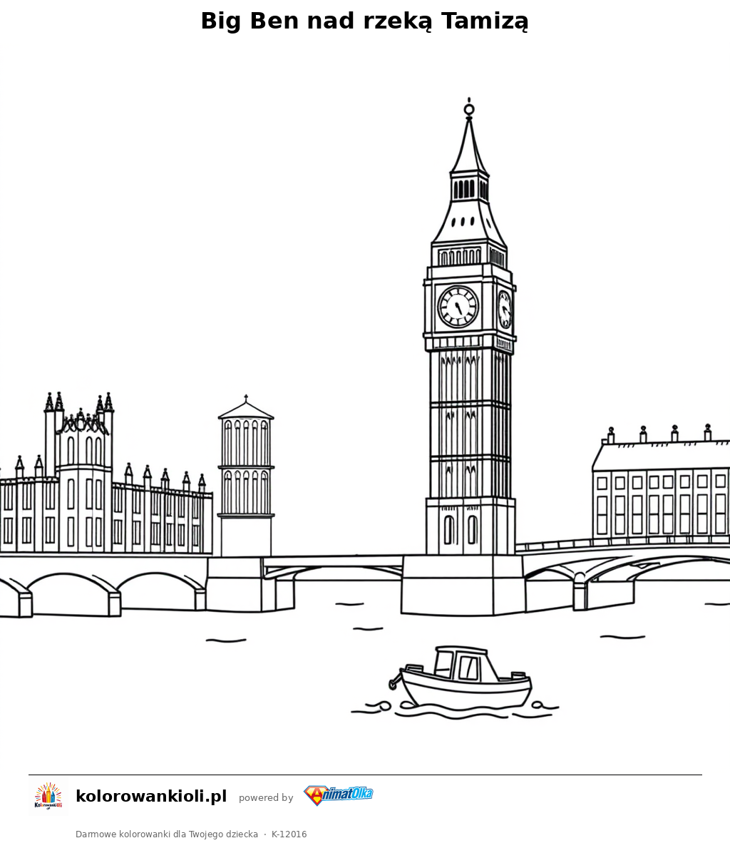 Big Ben nad rzeką Tamizą — kolorowanka do wydruku dla dzieci