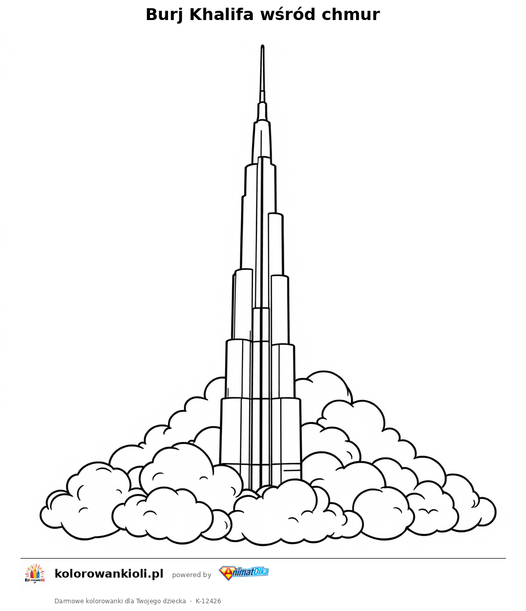 Burj Khalifa wśród chmur — kolorowanka do wydruku dla dzieci