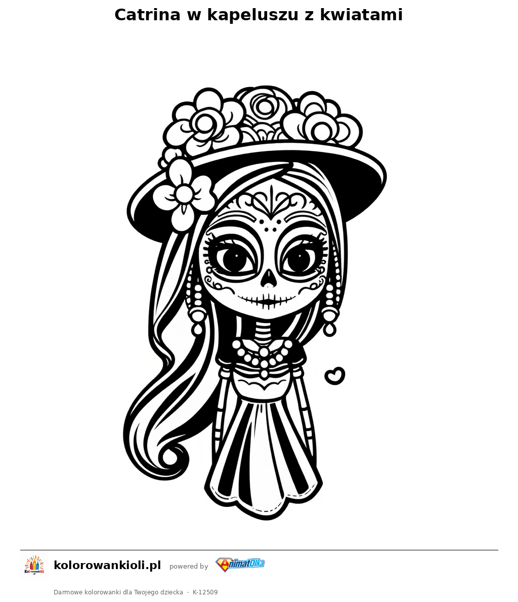 Catrina w kapeluszu z kwiatami — kolorowanka do wydruku dla dzieci
