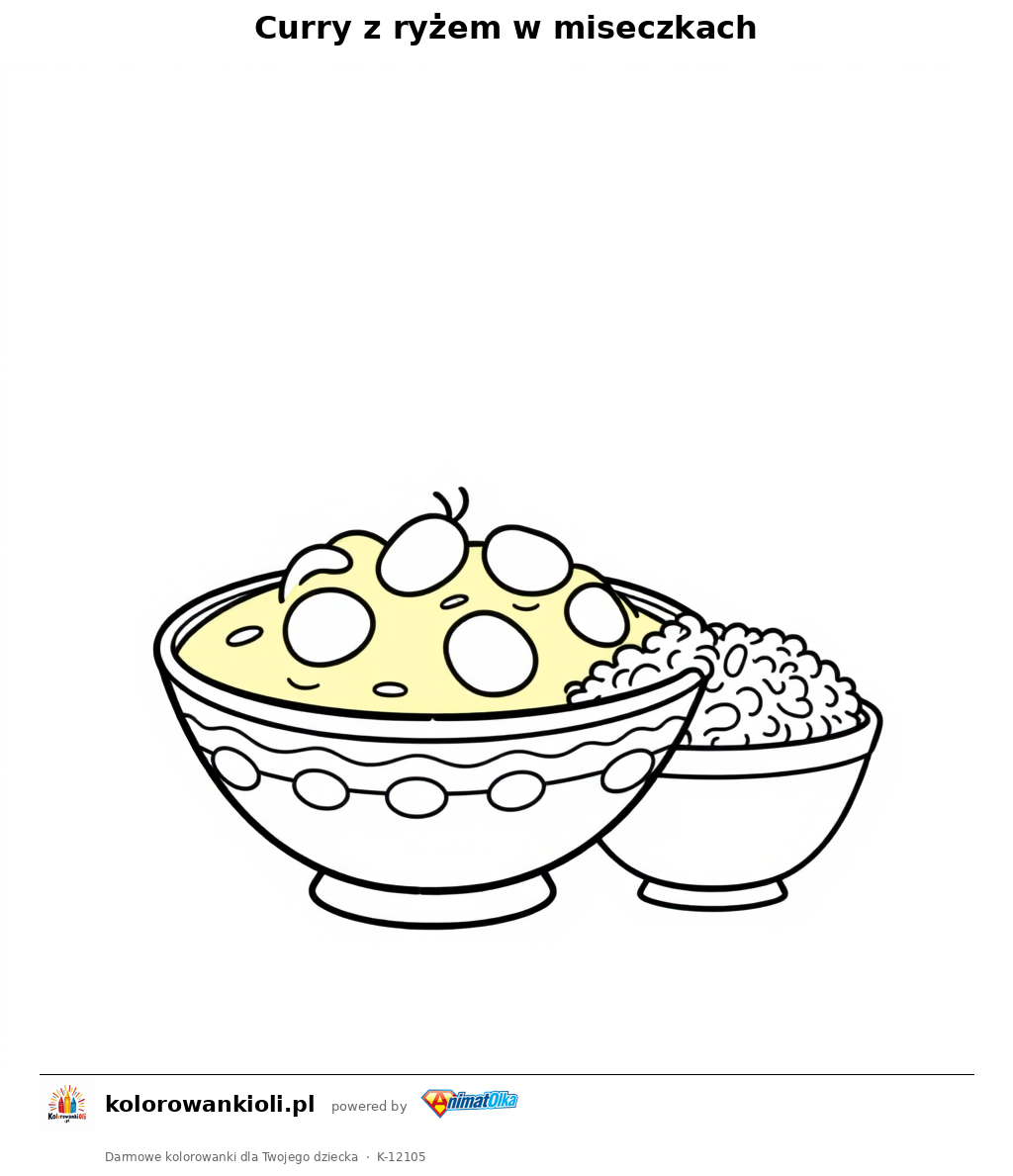 Curry z ryzem w miseczkach — kolorowanka do wydruku dla dzieci