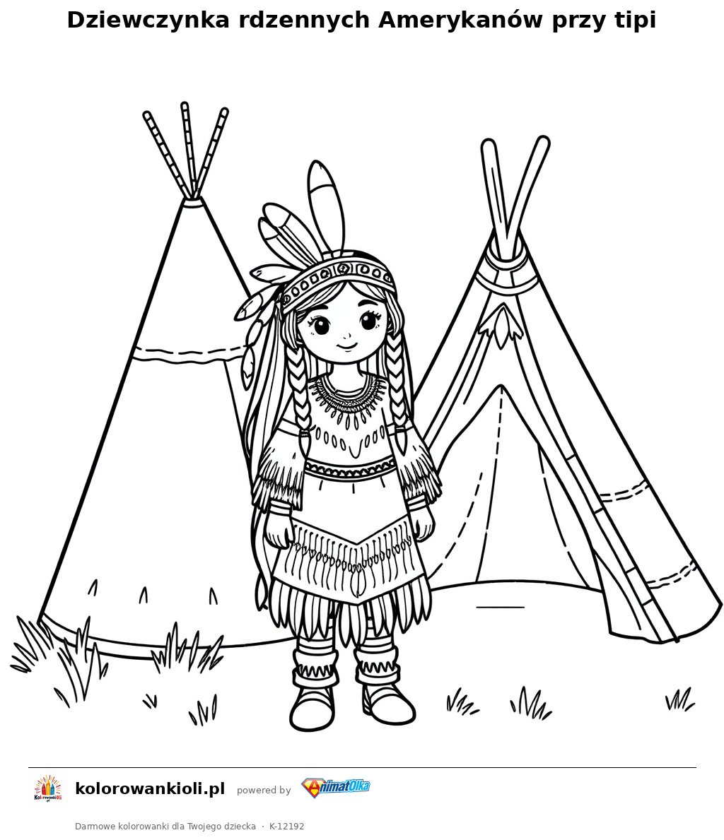 Dziewczynka rdzennych Amerykanow przy tipi — kolorowanka do wydruku dla dzieci