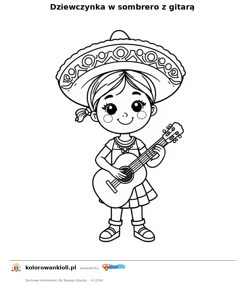Dziewczynka w sombrero z gitarą — kolorowanka do wydruku dla dzieci