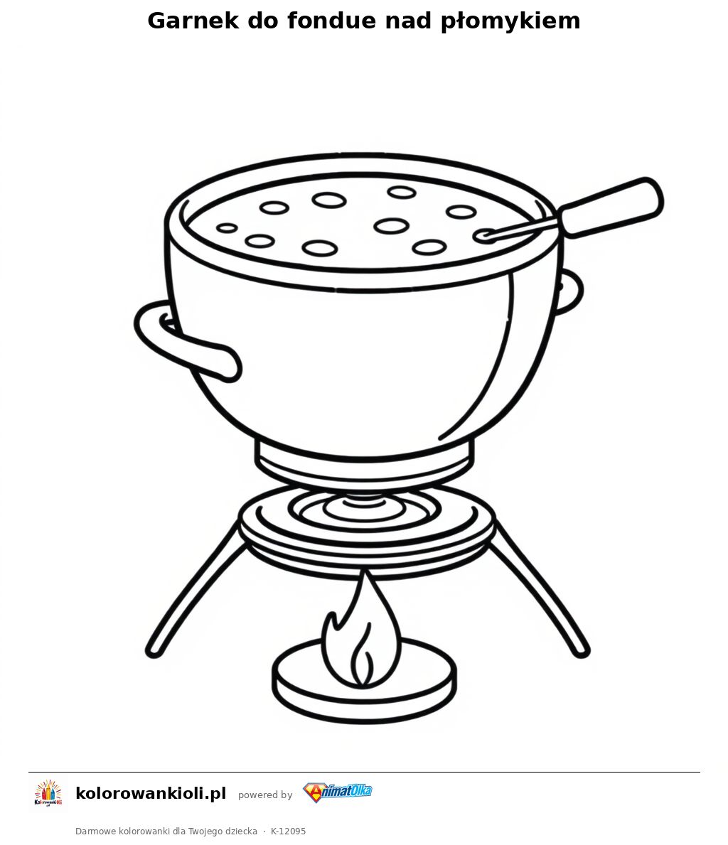 Garnek do fondue nad plomykiem — kolorowanka do wydruku dla dzieci