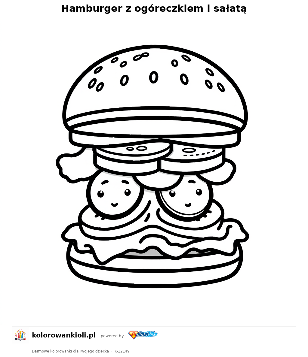 Hamburger z ogoreczkiem i salata — kolorowanka do wydruku dla dzieci