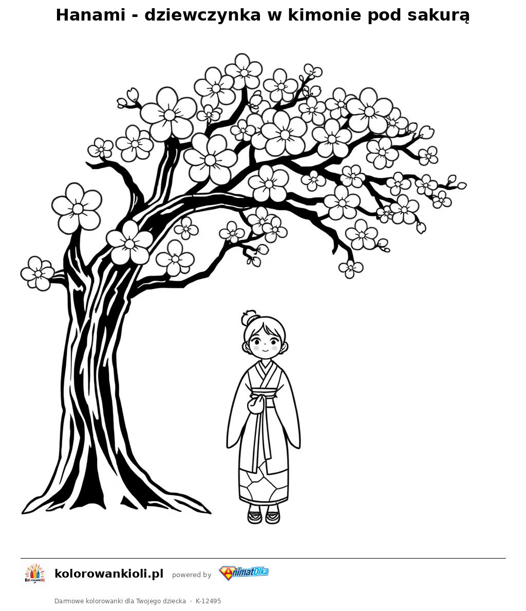 Hanami - dziewczynka w kimonie pod sakura — kolorowanka do wydruku dla dzieci
