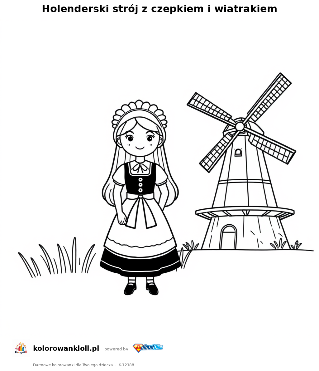 Holenderski strzoj z czepkiem i wiatrakiem — kolorowanka do wydruku dla dzieci