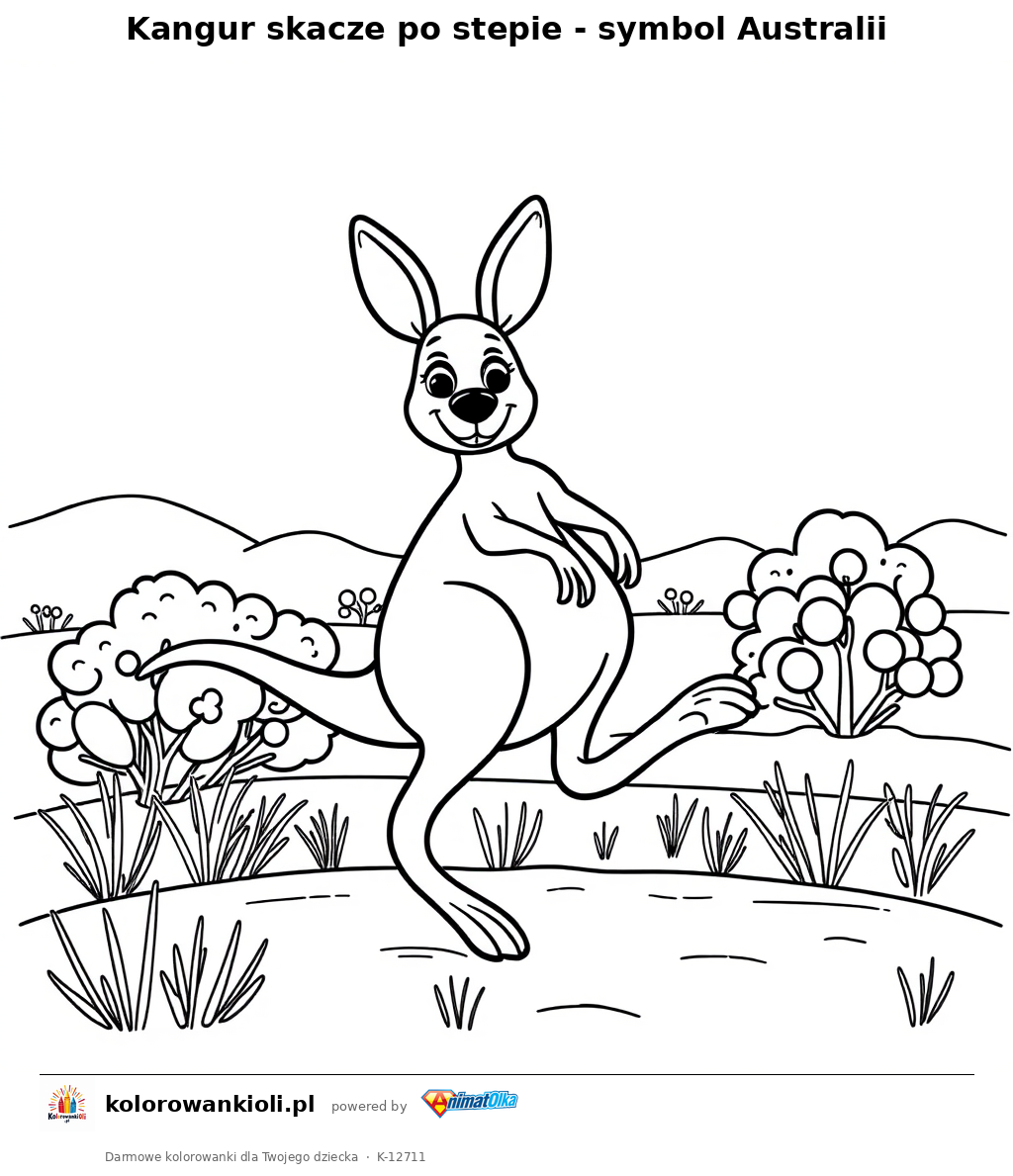Kangur skacze po stepie - symbol Australii — kolorowanka do wydruku dla dzieci