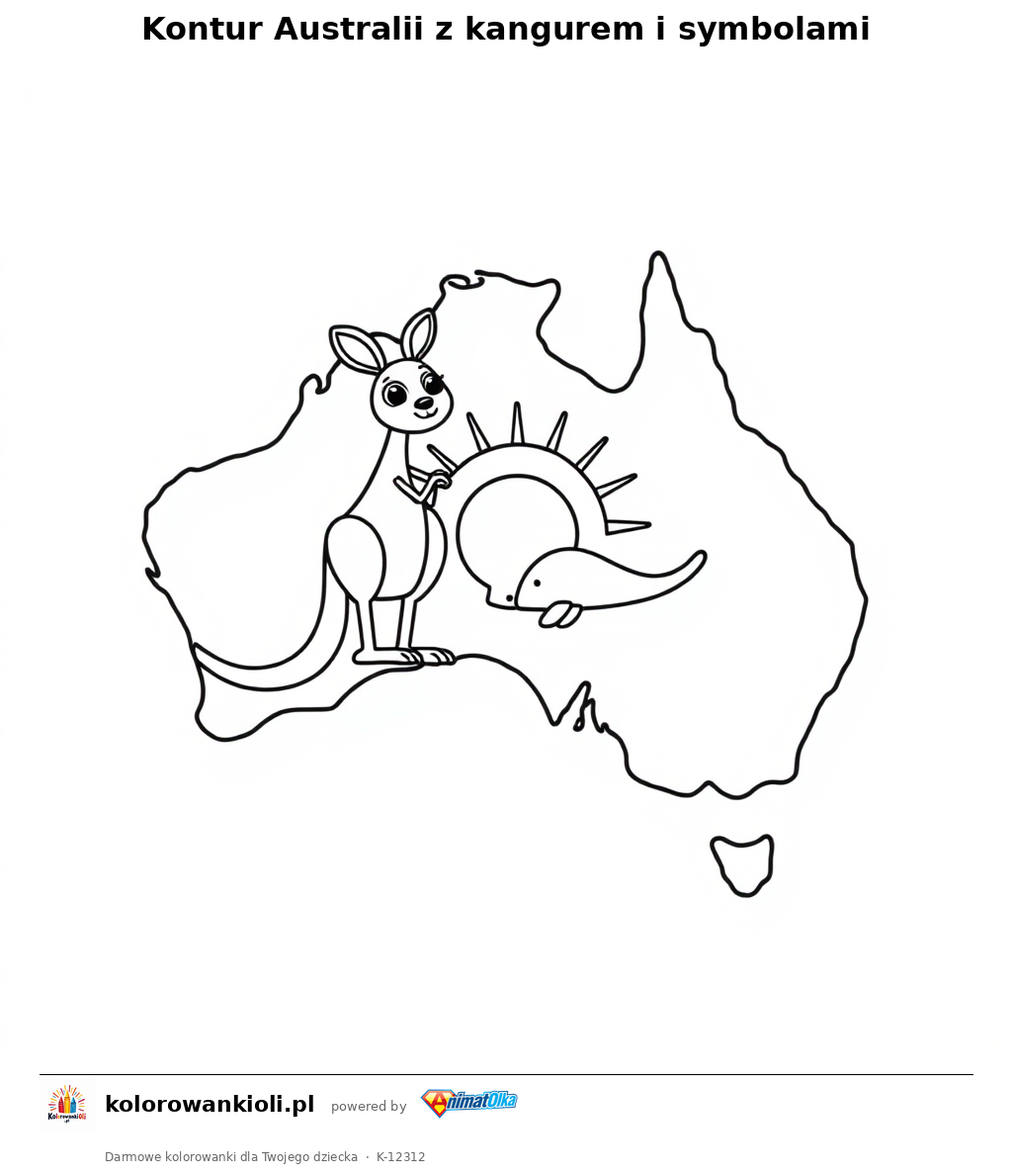 Kontur Australii z kangurem i symbolami — kolorowanka do wydruku dla dzieci