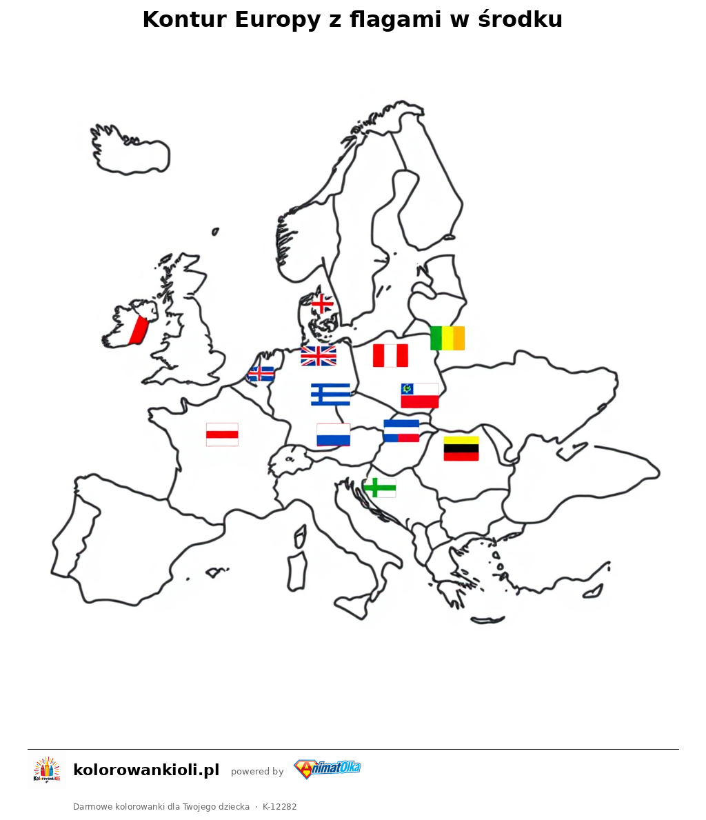 Kontur Europy z flagami w środku — kolorowanka do wydruku dla dzieci