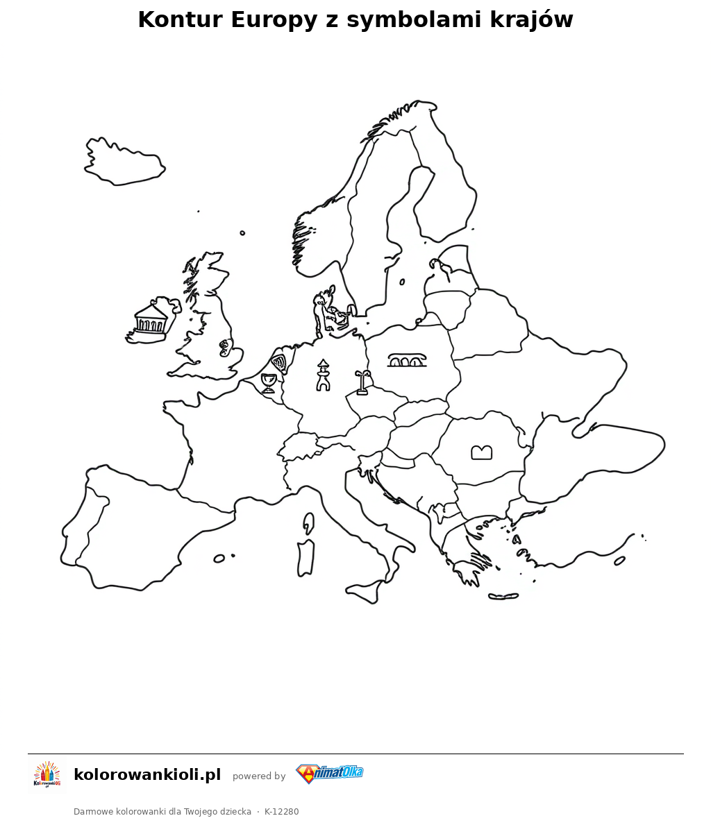 Kontur Europy z symbolami krajów — kolorowanka do wydruku dla dzieci