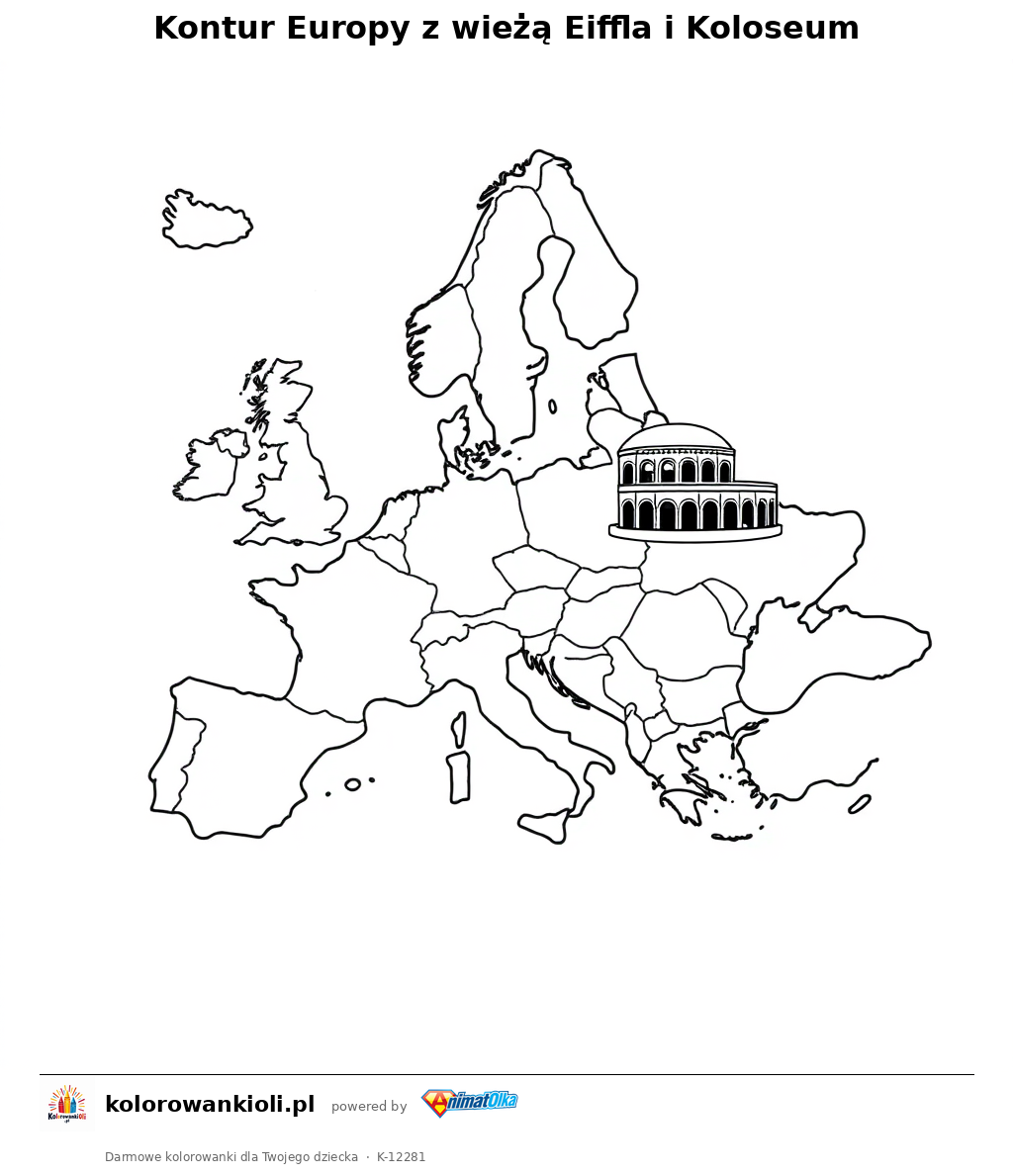 Kontur Europy z wieżą Eiffla i Koloseum — kolorowanka do wydruku dla dzieci