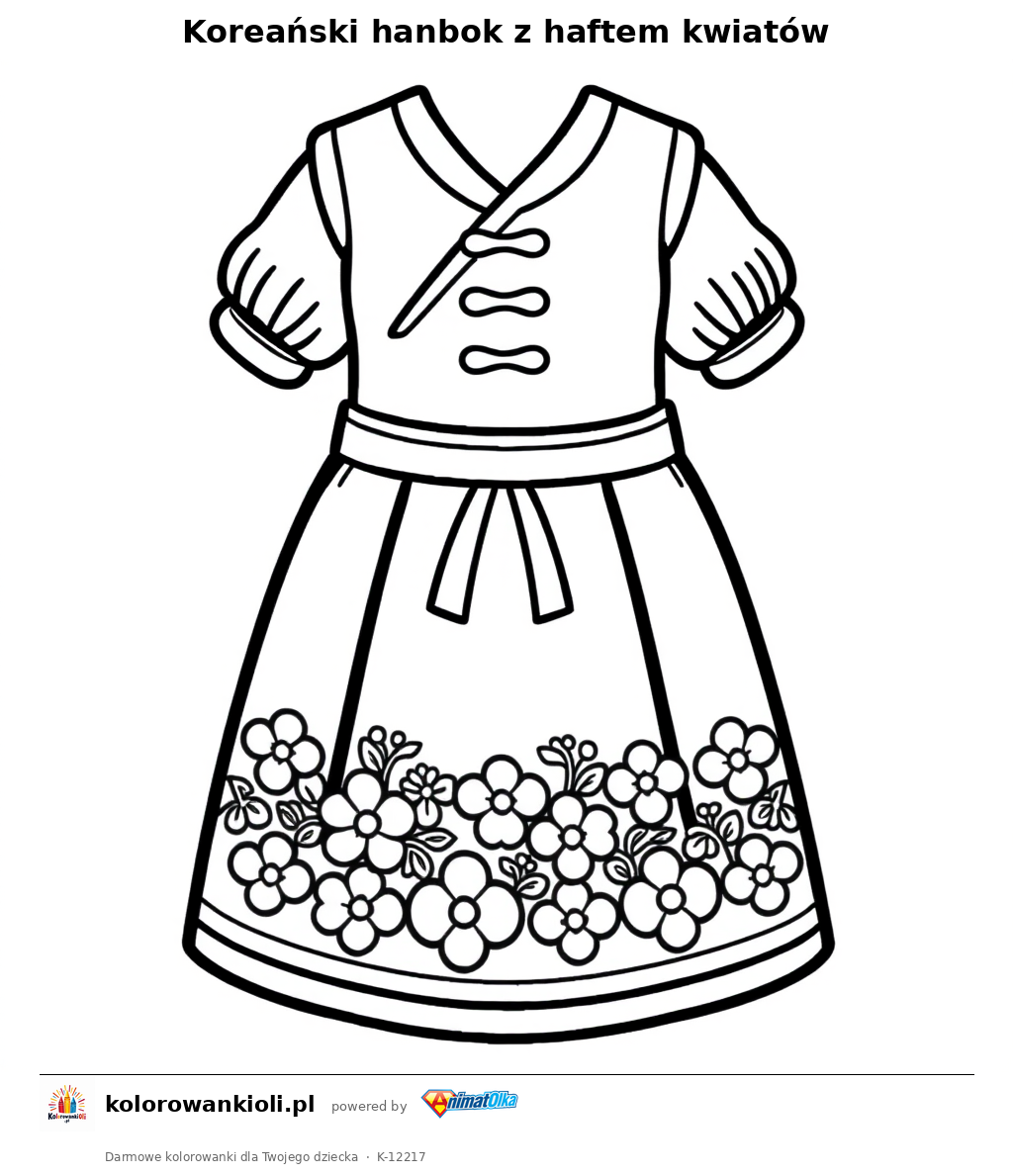 Koreański hanbok z haftem kwiatów — kolorowanka do wydruku dla dzieci
