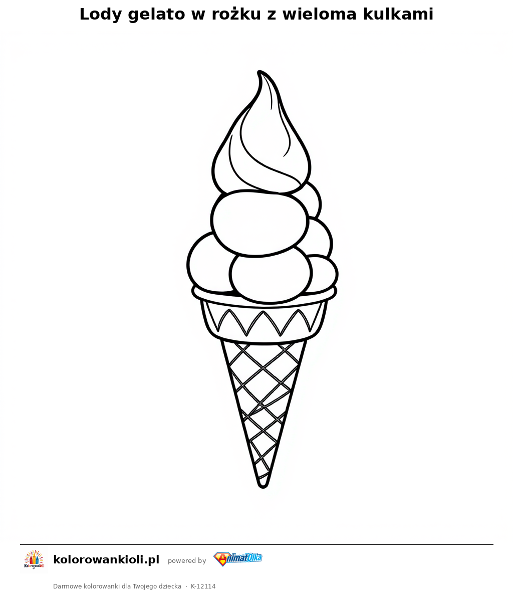 Lody gelato w rozku z wieloma kulkami — kolorowanka do wydruku dla dzieci