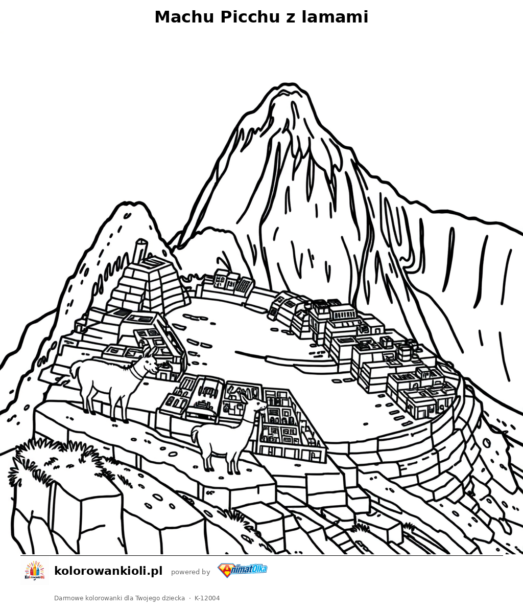 Machu Picchu z lamami — kolorowanka do wydruku dla dzieci