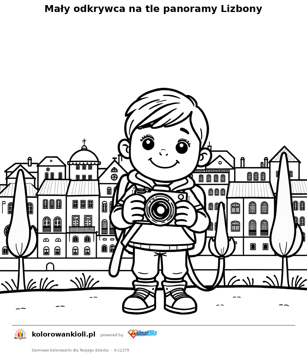Mały odkrywca na tle panoramy Lizbony — kolorowanka do wydruku dla dzieci