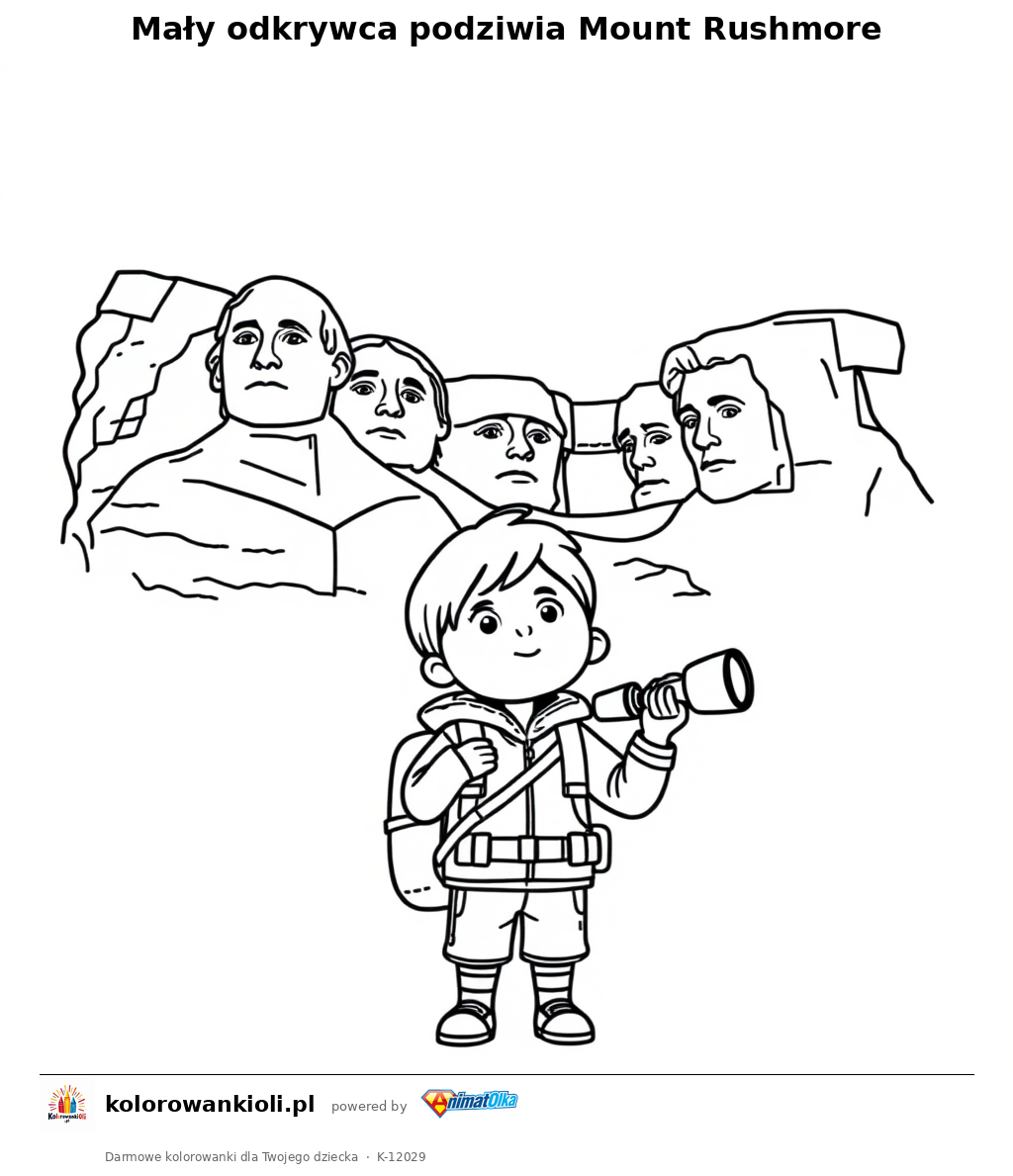 Maly odkrywca podziwia Mount Rushmore — kolorowanka do wydruku dla dzieci
