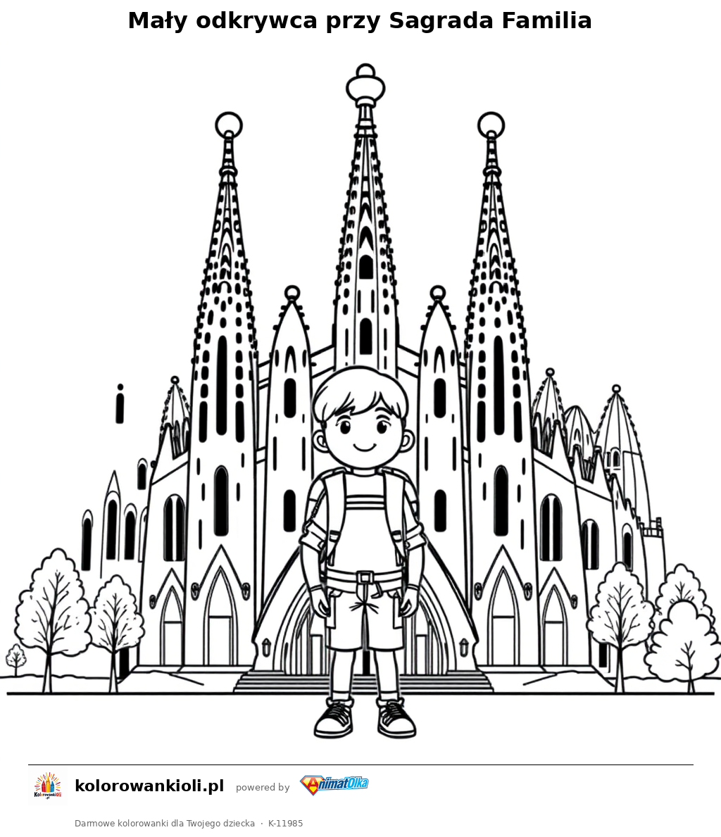 Mały odkrywca przy Sagrada Familia — kolorowanka do wydruku dla dzieci