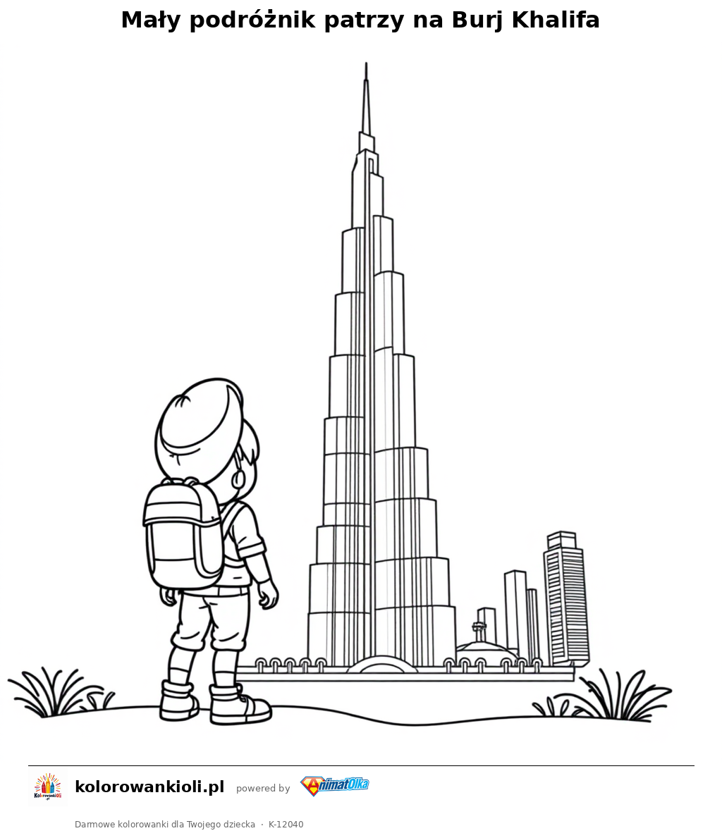 Maly podroznik patrzy na Burj Khalifa — kolorowanka do wydruku dla dzieci