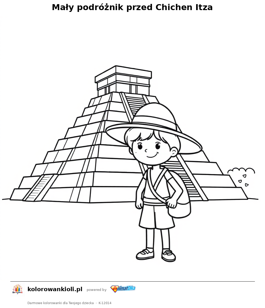 Mały podróżnik przed Chichen Itza — kolorowanka do wydruku dla dzieci