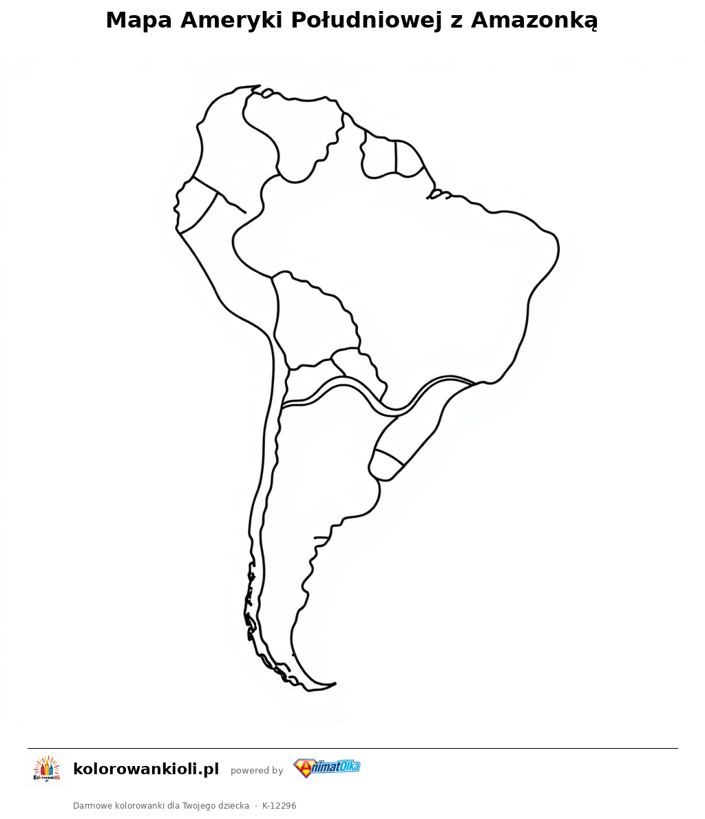 Mapa Ameryki Poludniowej z Amazonka — kolorowanka do wydruku dla dzieci